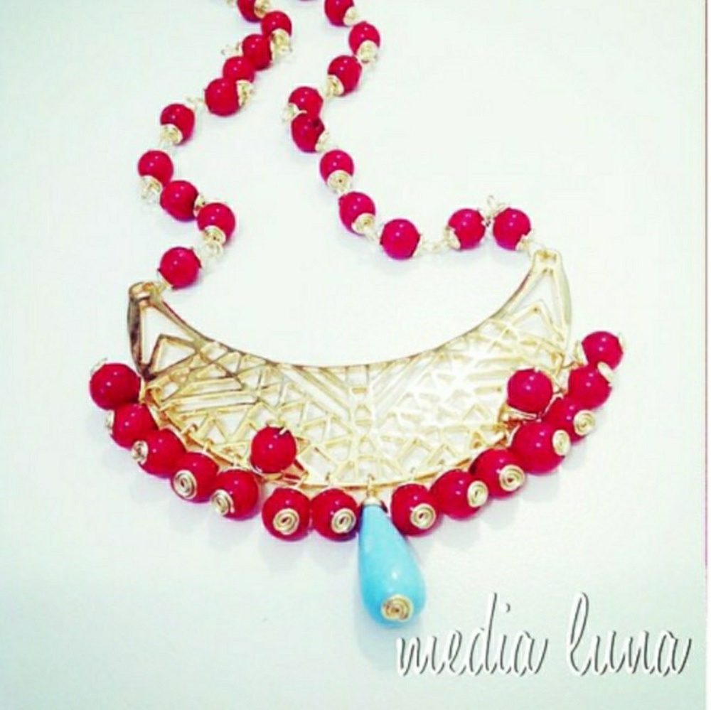 Half Gold Moon Necklace with Red & Turquoise